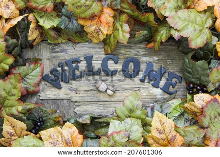 Wood welcome sign with autumn leaves border
