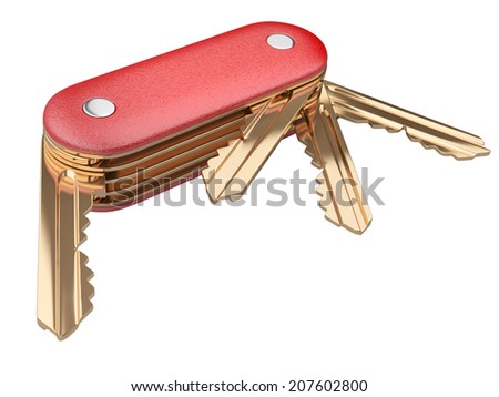 Swiss knife with keys set.  security concept isolated on a white background