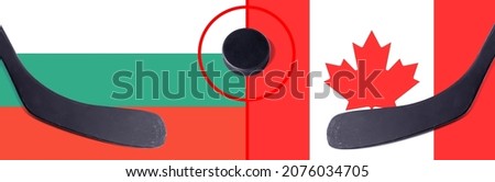 Top view hockey puck with Bulgaria vs. Canada command with the sticks on the flag. Concept hockey competitions