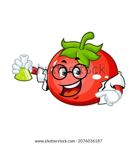 Vector mascot, cartoon and illustration of a tomato holding Potion in a erlenmeyer flask