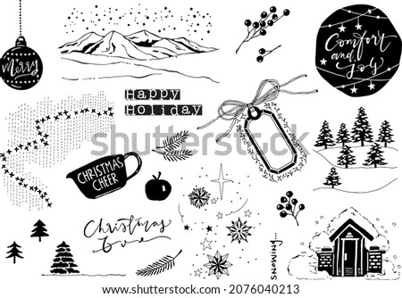 A Set of hand drawn Christmas elements with tags mountain trees snow in winter holiday.