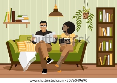 Cartoon young people sit in armchairs in the interior of the home living room, read books, newspapers and discuss what they have read. Home leisure. Flat vector illustration.