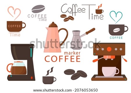Set coffee maker vector illustration isolated on white. Lettering coffee time, cup, turka, ibrik. For label and poster