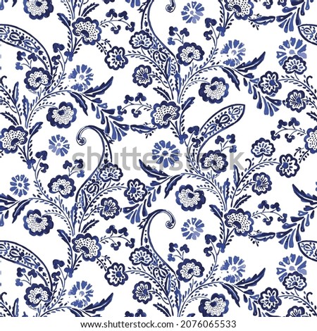 vector seamless gentle paisley print with ethnic paisley and flowers pattern, allover composition. Detailed beautiful paisleys with floral motives and embellishments. Painted in blue.  Royalty-Free Stock Photo #2076065533