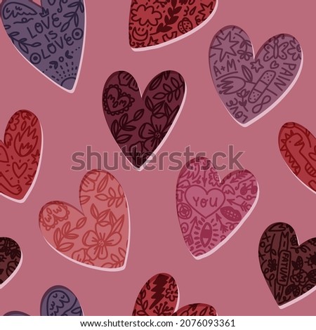 Valentine's Day hand-drawn seamless pattern with tattoo hearts, various symbols, phrases, messages. Trendy mauve palette vector illustration for fabric, textile, wrapping paper, wallpaper print.