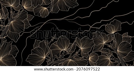 illustration of ginkgo leaves vector backgrounds, abstract black and gold background designs with isolated backgrounds applicable for banner, invitation wedding, wallpaper, and greeting card. Royalty-Free Stock Photo #2076097522