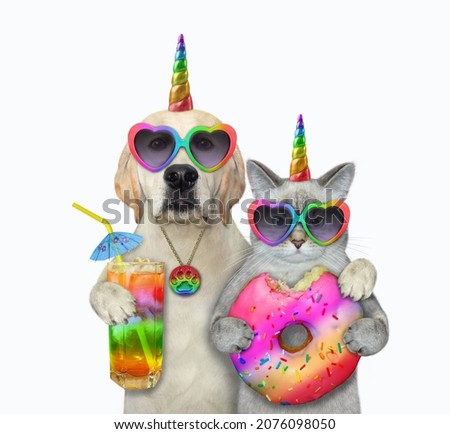 A dogicorn labrador with a cocktail hugs an ashen caticorn with a donut. White background. Isolated.