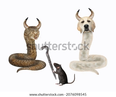 A dog labrador and a beige cat are horned snakes. A black rat holds a knife with a snake shaped handle. White background. Isolated.