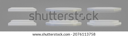 Empty white plinth for product presentation. Podiums set on transparent background. Realistic 3D vector platforms with free space. Minimalistic mockup design. Template of pedestal