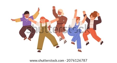 Happy children jumping. Group of cute kids rejoicing together. Fun and joy of excited little boys and girls friends. Smiling people in motion. Flat vector illustration isolated on white background Royalty-Free Stock Photo #2076126787