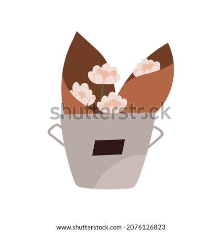 Flower bouquet in craft paper wrapping. Floral bunch in metal bucket for sale. Cut fresh blooms in kraft. Delicate pretty spring posy. Flat vector illustration of plant isolated on white background