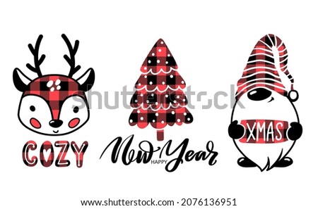 Christmas collection - Gnome, Cute deer, Christmas tree, Happy New Year lettering quote. Doodle vector illustration. Buffalo plaid design. Happy Holidays.