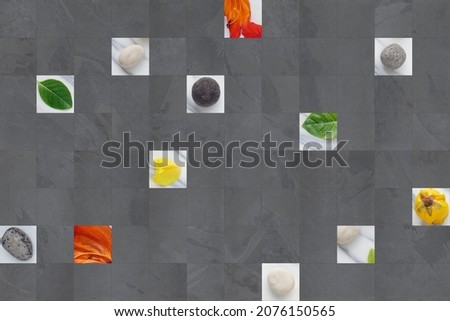 Patchwork of pattern mixed with marbles, stones, wood and textures for digital use.