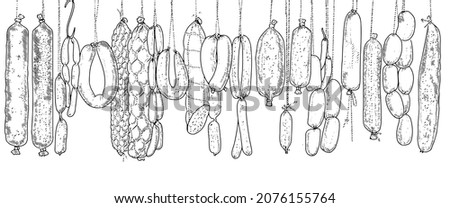 Seamless pattern background of sausage products and meat delicacies. Sausages, bacon, lard, salami in sketch style. Royalty-Free Stock Photo #2076155764