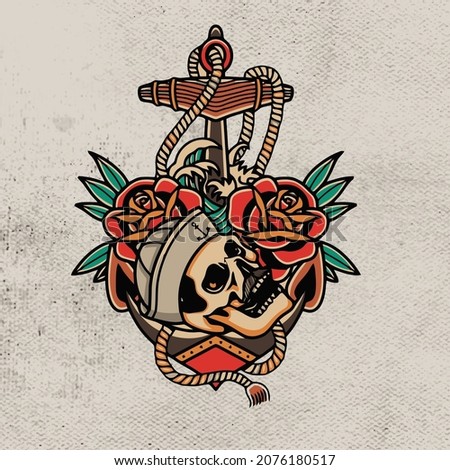 head skull with red rose flower and anchor artwork design 