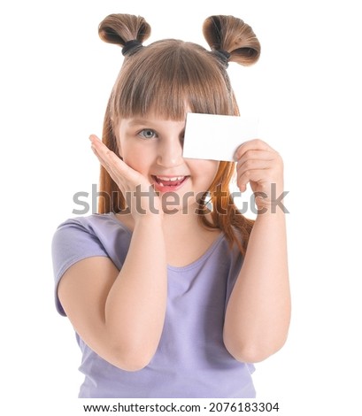 Little girl with business card on white background