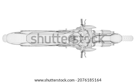 Wireframe of off-road cross motorcycle from black lines isolated on white background. View from above. 3D. Vector illustration
