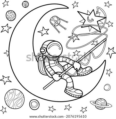 Coloring page for children and adults. Space fishing Royalty-Free Stock Photo #2076195610
