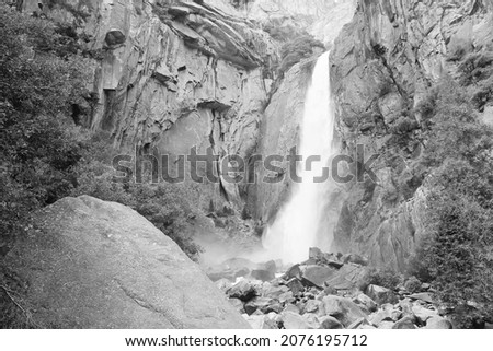 Lower Yosemite Falls in Yosemite National Park, California, United States. California black and white.