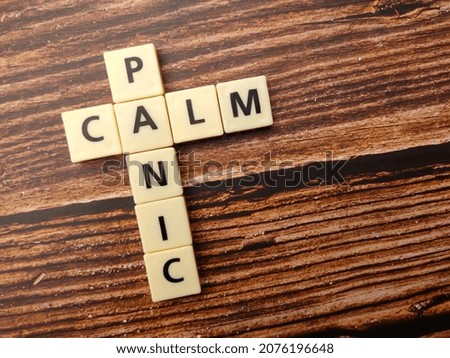 Selective focus.Toys word with text PANIC CALM on a wooden background.