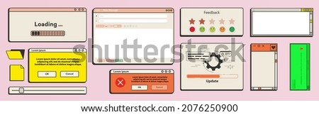 Old user interface.  A set of flat UI and UX elements: dialog box, tab, button, modal window. Collection of OS messages, notifications, widgets. Trendy cover in vaporwave 80s-90s style. Vector  Royalty-Free Stock Photo #2076250900
