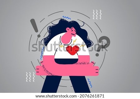 Stressed young woman feel depressed suffer from relationship breakup or divorce. Unhappy sad girl struggle with miscarriage or abortion. Depression or mental life problem. Flat vector illustration. 