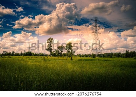 High voltage electric pylon and electrical wire at green rice field and tree forest. Electricity pylon with overcast sky. High voltage grid tower with wire cable. Power and energy concept.