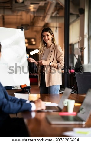 Businesswoman present her idea to working team. Young happy woman presenting businessplan Royalty-Free Stock Photo #2076285694