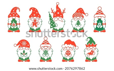 Set of Christmas gnomes. Cute holiday characters with gifts and christmas symbols. Collection of vector signs, icons and design elements.