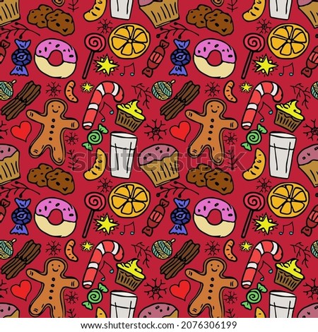 Seamless colored pattern with christmas sweets. Doodle christmas seamless food pattern on red background