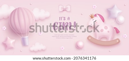 Baby shower horizontal banner with cartoon horse, hot air balloon, helium balloons and flowers on pink background. It's a girl. Vector illustration Royalty-Free Stock Photo #2076341176