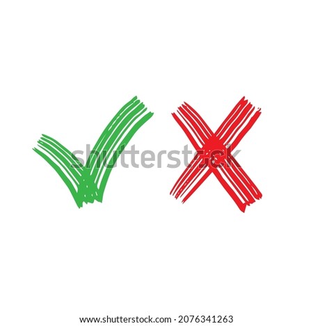 Green check mark and red cross symbol isolated on white background. Vector illustration.