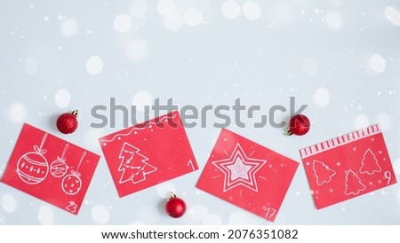 Christmas Advent calendar. Red envelopes with numbers on a light festive background, flatly. Banner Winter holidays. DIY and hobbi concept.