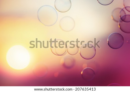 Tranquil background with soap bubbles floating in the sunset. Image toned in vintage colors. Selective focus.