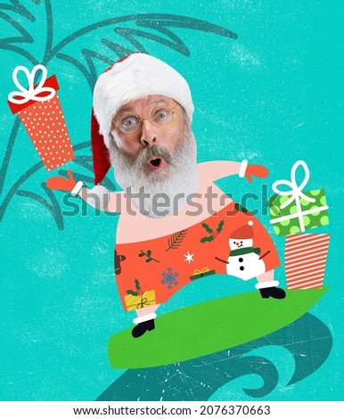 Contemporary art collage of funny Santa on a surf board wth presents isolated over blue background. Concept of Christmas, New Year, holiday, celebration, winter. Copy space for ad
