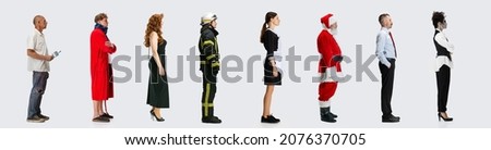 Collage of different people standing in a line isolated over white background. Sick boy, woman, chambermaid, Santa, businessman, firefighter, painter, singer. Copy space for ad