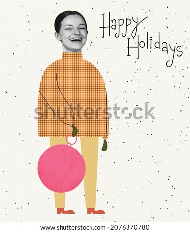 Contemporary art collage of beautiful young smiling girl with drawn cloth and decoration toy elements isolated over blue background. Concept of Christmas, New Year, holiday, celebration, winter and ad