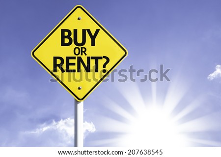 Buy or Rent? road sign with sun background 