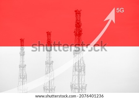 5G technology usage growth chart amid the Indonesian national flag and telecommunication towers.