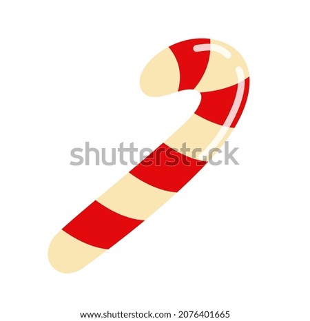 Colorful Christmas Sticker. Multicolored icon with red and white lollipop. Delicious sweets for New Year. Gift packaging design element. Cartoon flat vector illustration isolated on white background