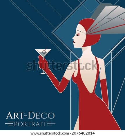 stylized female portrait in art deco style in silver, blue and red colours