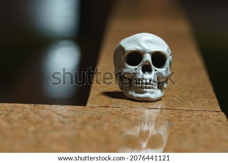 Photography of a skull toy on a marble parapet on the street Moscow in night. Front view. Long exposure image. Halloween theme Royalty-Free Stock Photo #2076441121