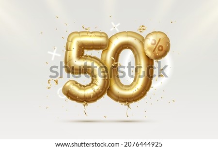 50 Off. Discount creative composition. 3d Golden sale symbol with decorative objects, heart shaped balloons, golden confetti, podium and gift box. Sale banner and poster. Vector illustration. Royalty-Free Stock Photo #2076444925