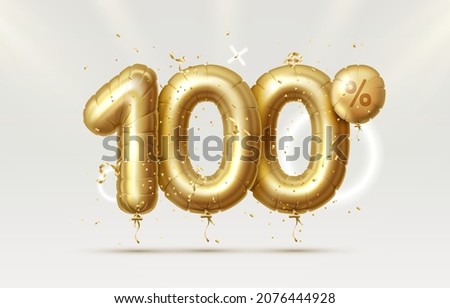 100 Off. Discount creative composition. 3d Golden sale symbol with decorative objects, heart shaped balloons, golden confetti, podium and gift box. Sale banner and poster. Vector illustration. Royalty-Free Stock Photo #2076444928