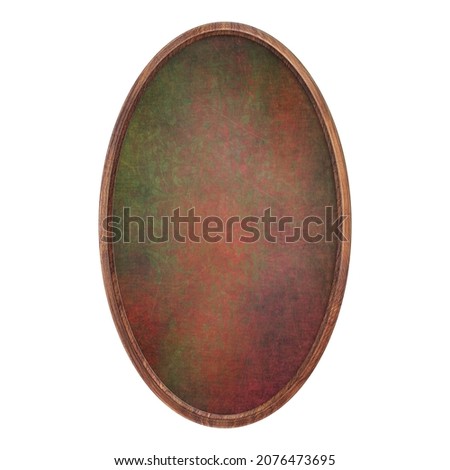 Wooden frame. Empty brown oval frame with red green abstract fill texture isolated on white background. Round blank frame. Signboard mockup. Old frame. Bulletin board.