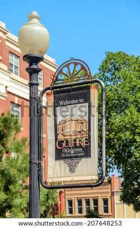 Welcome sign in the historic center of Guthrie, Oklahoma