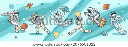  Sport activities with astronauts. Football, basketball. Kid nursery mural wallpaper. Vector hand drawn illustrations with space theme
