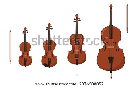 Set of Classical orchestral Stringed Bowed musical instruments isolated on white background. Wooden Violin, Viola, Cello and Double Bass icons with bows. Vector illustration in flat or cartoon style. Royalty-Free Stock Photo #2076508057