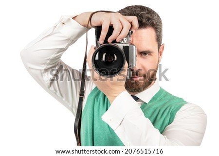 taking pictures. male photographer. businessman photographing. guy hold photo camera. amateur and professional photography. shooting session isolated on white. photoshoot.