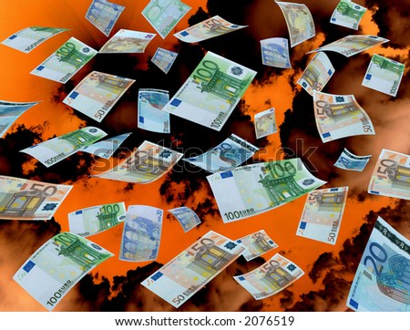 Money flying with red sky on the background,real photo of money currencies